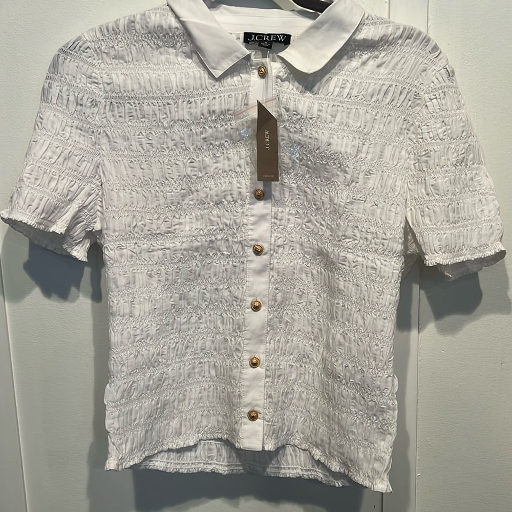 J. Crew Smocked Button-Up Shirt in White Cotton Voile - Picture 3 of 4